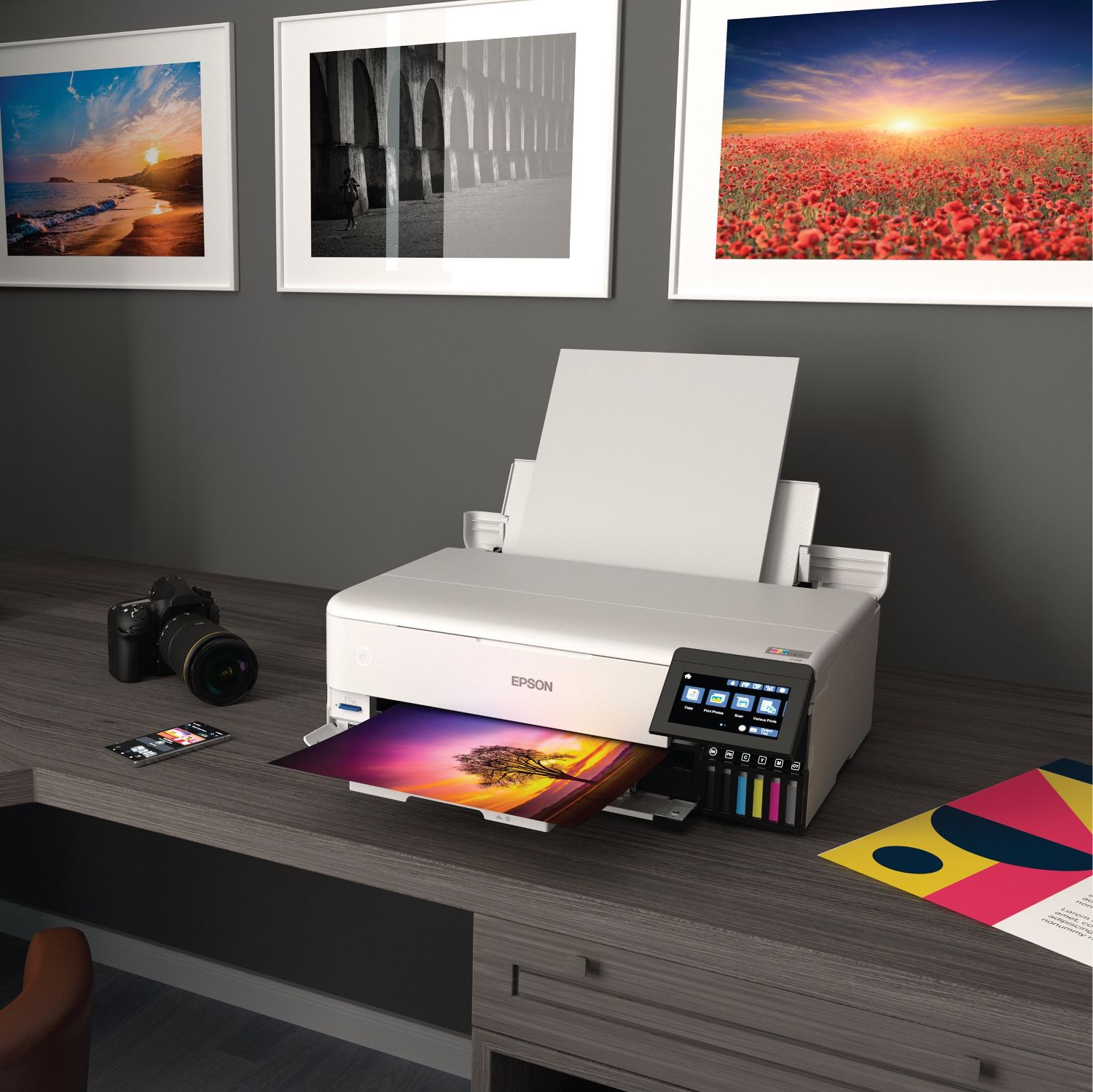 Epson ET-8550 Printer on a desk. It's multifuction